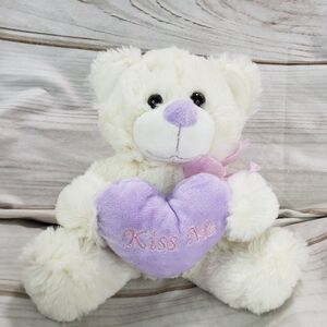 Off White Teddy Bear With Lilac Purple Kiss Me Heart 7 Inch Plush Stuffed Animal